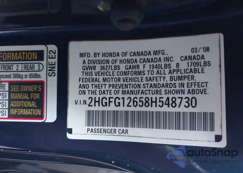 2008 Honda Civic Lx z USA, uszkodzony, nr VIN 2HGFG12658H548730